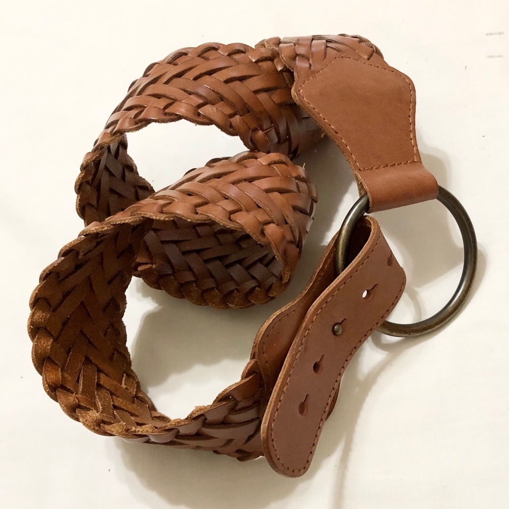 Vintage Gap Wide Woven Saddle Tan Leather Belt with Brass Ring and Post - Medium